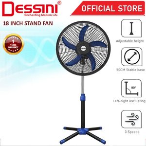 DESSINI ITALY 18'' Inch Stand Fan 3 Speed 5 Blade Oscillating Air Ventilator Conditioner Cooler Humidifier Kipas Berdiri