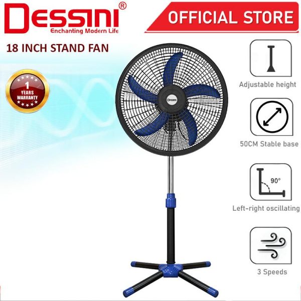 DESSINI ITALY 18'' Inch Stand Fan 3 Speed 5 Blade Oscillating Air Ventilator Conditioner Cooler Humidifier Kipas Berdiri