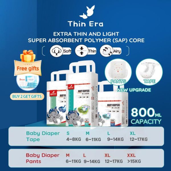 【Thin Era】 Baby Diaper Extra Soft Skin-Friendly Non-Irritating to the Skin Pull-up Diaper Pants and Tape Diapers SAP Jelly Absorbent Core Cotton