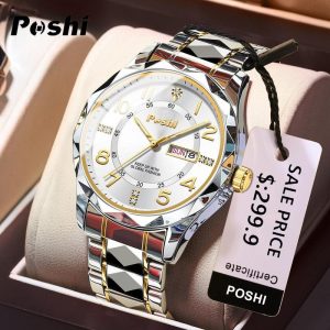 Jam Tangan Kalis Air untuk Lelaki, POSHI, Fesyen Baru, Jam Tangan Keluli Penuh, Berkilau Asli, dengan Kotak, Jam Tangan Lelaki