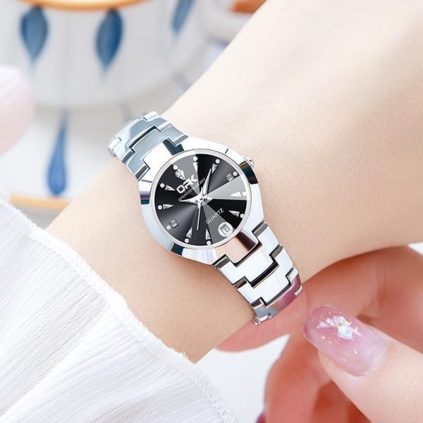 OPK L8105 Jam Tangan Wanita Perempuan Women's Watch Quartz Waterproof Black Silver Stainless Steel Luminous Calendar Wearable Scratch Resistant Zirconium Diamond Luxury Elegant Ladies Casual Watch For Women Female Gelap Tahan Karat Tali Jam Watches