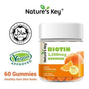 Nature’s Key Gummies Biotin, membantu kesihatan rambut dan pertumbuhan kuku, perisa oren, mengandungi Vitamin C dan E, sesuai untuk orang dewasa, 60 biji setiap botol