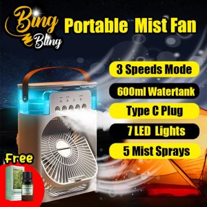 【Bing Bling】600ml 5 Mist Sprays 7 Colours Mini USB Portable 6 Inches Air Conditioner Cooling Fan With Light Air Cooler Kipas Mini Humidifier