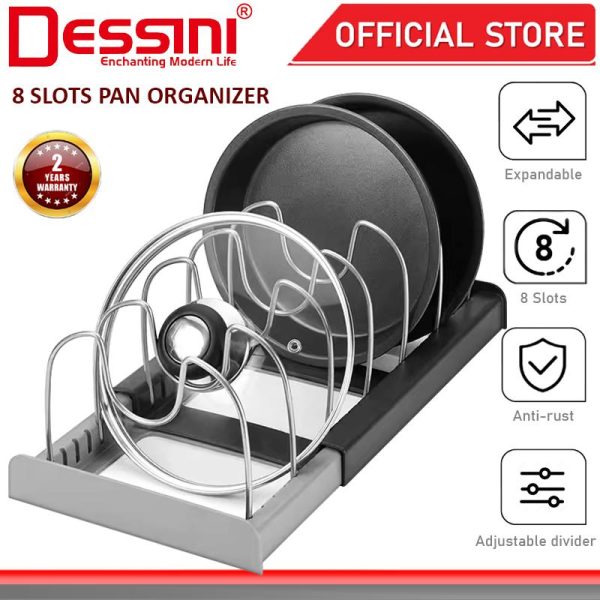 DESSINI ITALY Expandable 8 Slots Pot Pan Platter Organizer Lid Holder Storage Rack Cookware Display Shelf Rak Periuk
