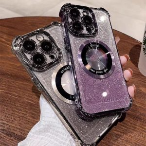 Local sellers Luxury glitter Magnetic Transparent Phone Case for iPhone 15 14 13 12 11 Pro MAX CD Embossed Mini Label Magnetic Phone Case Shock Protection Protectors