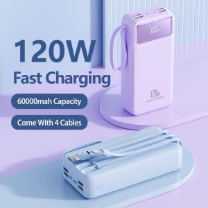 Yisen Macaroon 60000mAh 120w Super Fast Charging PD20W Built in 4 Cables LED Capacity Display Portable Design 8 Output For all phone Powerbank Battery Power