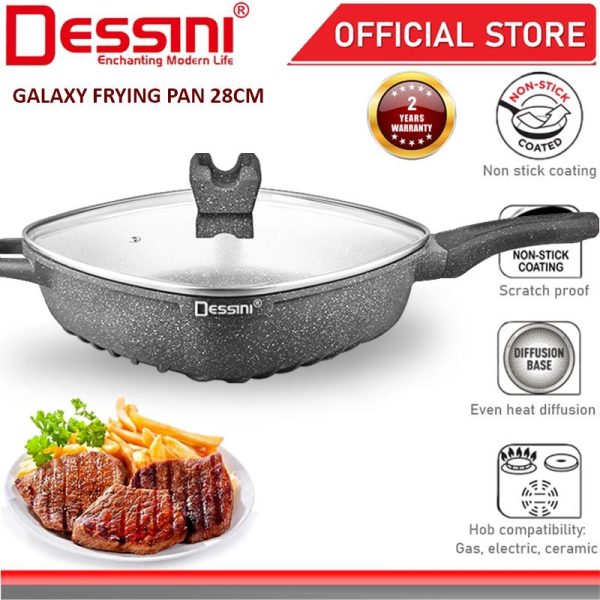 DESSINI ITALY 28CM Frying Pan Die Cast Aluminium Non Stick Grill Pot Bowl Wok Cookware Tool with Cover PERIUK