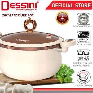 DESSINI ITALY 26CM Pressure Cooker Casserole Induction Non Stick Die Cast Aluminium Pot Bowl Pan Cookware Cover Periuk