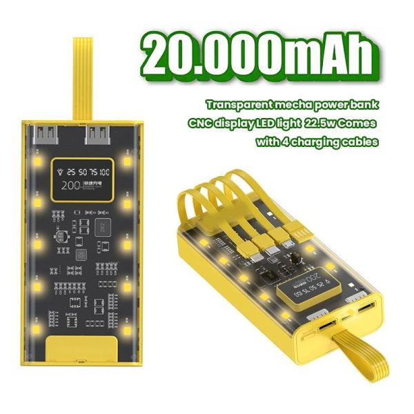 2 days only, 80% off, Transparent Mechanical Power Bank with 2 USB Ports, Comes with 4 Charging Cables, 22.5W and PD 120W, Charger Power Bank Battery Yellow Powerbank Electric