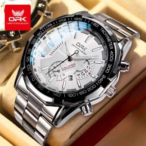 OPK Jam Analog Tangan Lelaki Original Luxury Chronograph Waterproof Luminous Watch Sports Quartz Stainless Steel Watch Gelap Tahan Karat Tali with Box Rotundity Bahan logam dalam stok Banyak warna Pejabat parti pemberian hadiah Garanti 1 tahun