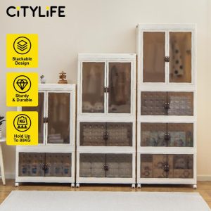 Citylife 68CM Foldable Transparent Clear Wardrobe Storage Container Cabinet Toys Clothes Double Door Large Cupboard Plastic