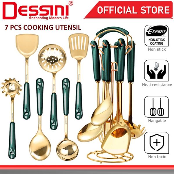 DESSINI ITALY Stainless Steel Utensil Turner Spoon Spaghetti Server Ladle Spatula Scraper Kitchenware Senduk (7 Pcs)