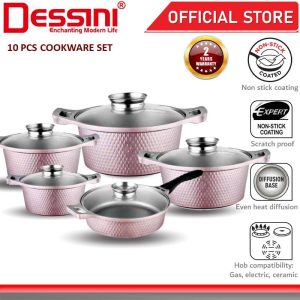 DESSINI ITALY Granite Aluminium Non Stick Casserole Pot Bowl Deep Fry Pan Cookware Tool (10 Pcs)