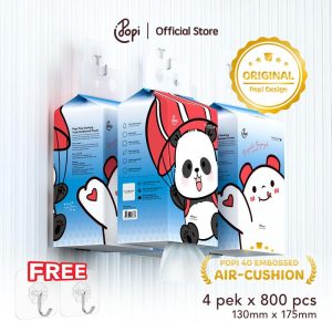 [4 pek TISU PANDA POPI] Popi Tisu Gantung Viral 4 Lapisan 800 Helai, Tisu Panda Air Cushion Tebal + FREE 2 HOOK + Kotak (130mm x 175mm)