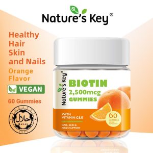[Promote] Nature’s Key Biotin gummies dengan Vitamin C dan E, membantu pertumbuhan rambut dan kuku yang sihat, perisa oren, setiap botol mengandungi 60 biji