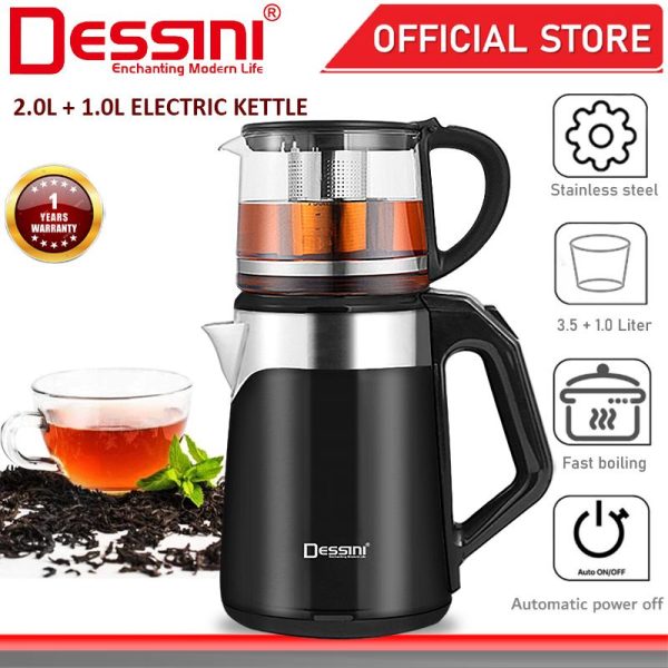 DESSINI ITALY 2.0L + 1.0L Stainless Steel Electric Kettle Automatic Cut Off Boiler Jug Teapot / Cerek