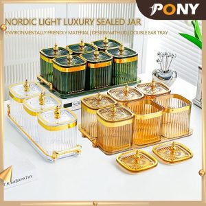 PONY MALL Ready Stock High-value seasoning jars sealed storage jars food containers grains, beans, food, candy, snacks storage containers sealed lids bottle storage boxes kitchen supplies 6 packs with tray Kitchenware Sealer Dispenser