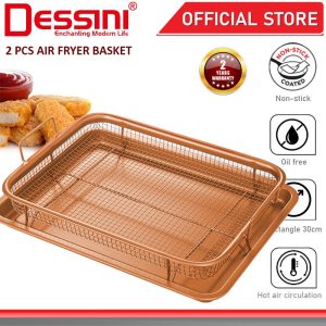 DESSINI ITALY 2 Pcs Copper Crispy Mesh Tray Air Fryer Oven Non-Stick Baking Grill Deep Basket Oil Drainer Cooling Rack