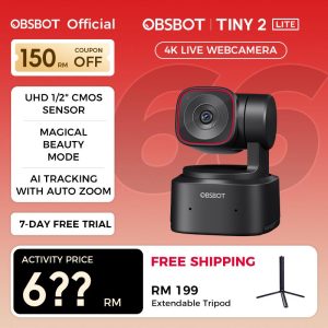 OBSBOT Tiny 2 Lite - Webcam 4K VoiceControl PTZ, Al Tracking Multi-mode & AutoFocus, Web Camera with 1/2" Sensor, GestureControl, 60 FPS, HDR Light Correction