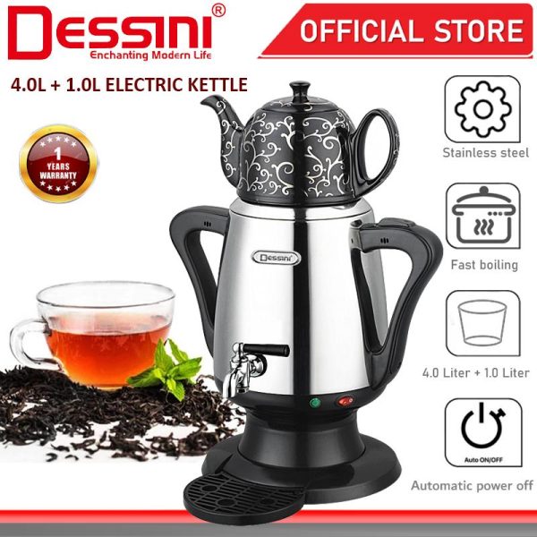 DESSINI ITALY 4.0L + 1.0L Stainless Steel Electric Kettle Automatic Cut Off Boiler Jug Ceramic Teapot / Cerek