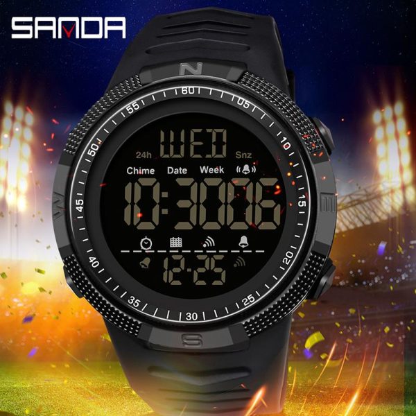 Jam Tangan Kalis Air, AW24 SANDA 6014, Fungsi Chronograph, Sesuai untuk Lelaki dan Wanita, Jam Tangan Sukan Fesyen, Paparan Digital, dengan Paparan LED