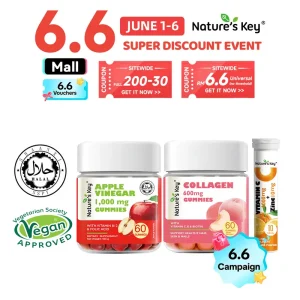 Nature's Key Set Kombo Serbaguna Gummy Cuka Epal + Kolagen + Biotin + Serat Pemakanan + Gummy Tidur + Tablet Effervescent VC+Zink Sesuai untuk Suplemen Harian Dewasa, Pelbagai Pilihan Kombinasi Tersedia