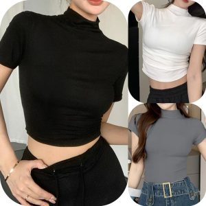 Beryl 【crop top for women】 【READY STOCK AT JOHOR】women's T-shirt fashion short-sleeved crop solid color sexy half-high neck Korean style pleated design on both sides