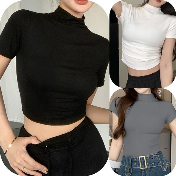 Beryl 【crop top for women】 【READY STOCK AT JOHOR】women's T-shirt fashion short-sleeved crop solid color sexy half-high neck Korean style pleated design on both sides