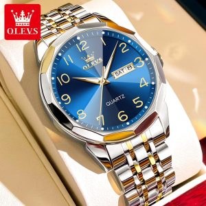 OLEVS Jam Tangan Lelaki Original Kalis Air Tali Keluli Tahan Karat Asli Anti New Karat Kalendar Berkilau Mewah Men Watches with Luxury Box G9970 Rotundity Bahan logam barang dalam stok Warna berbilang Pejabat parti pemberian hadiah Garanti 1 tahun