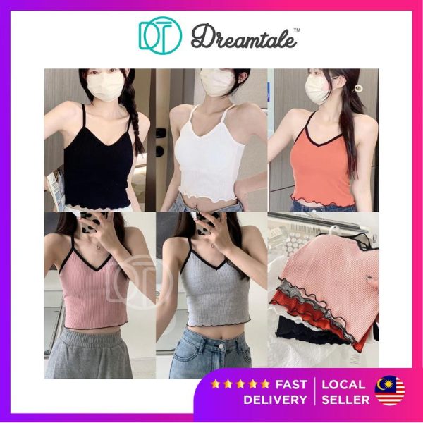 [Crop top] Dreamtale Women Fashion Ruffles V Neck Singlet Camisole Top Casual Stretchable Ladies Singlet Tight Crop Top WCO228 tightcroptop