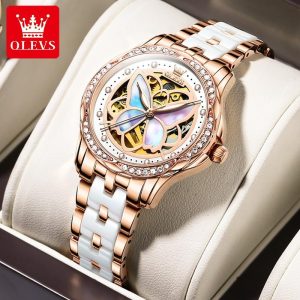 OLEVS Jam Tangan Automatik untuk Wanita Jam Tangan Pergelangan tangan Seramik Kalis Air Reka Bentuk Asal 6615 Watches Permata Tulen Rotundity Bahan logam dalam stok Banyak warna parti pemberian hadiah Garanti 1 tahun