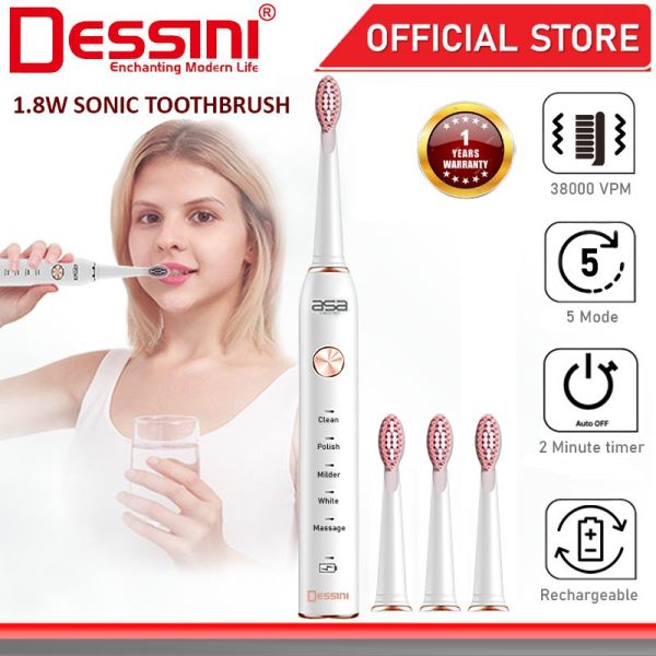 DESSINI ITALY USB Rechargeable 5 Modes Electric Ultrasonic Toothbrush Sonic Cross Action Waterproof Clean Tooth Brush