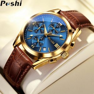 Jam Tangan Lelaki, Jenama POSHI Asli, Kalis Air, Pergerakan Kuarza, Gaya Kasual, Tali Kulit, Sesuai untuk Lelaki