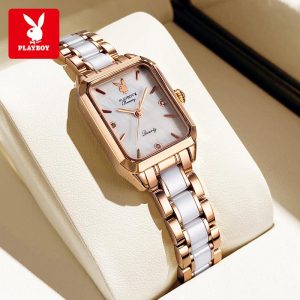 PLAYBOY Jam Tangan Warna Putih Wanita Ori Kalis Air Mewah Berkilau Keluli Tahan Karat Asli Dengan Kotak Biru Mewah L2050 Watches Ketibaan Baru persegi Bahan logam dalam stok Banyak warna Pejabat parti pemberian hadiah Garanti 1 tahun