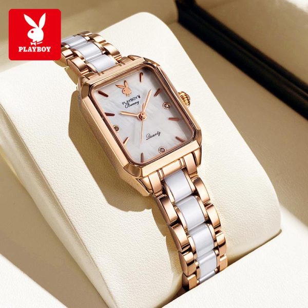 PLAYBOY Jam Tangan Warna Putih Wanita Ori Kalis Air Mewah Berkilau Keluli Tahan Karat Asli Dengan Kotak Biru Mewah L2050 Watches Ketibaan Baru persegi Bahan logam dalam stok Banyak warna Pejabat parti pemberian hadiah Garanti 1 tahun