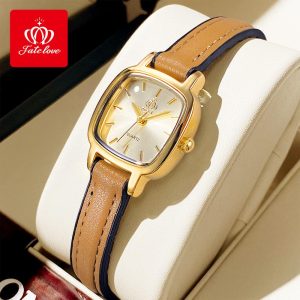 Felatelove Jam Tangan untuk Wanita Kalis Air Tali Kulit Asli Pergerakan Kuarza Fesyen Jam Tangan Emas Hadiah Valentine FL907 Didatangkan dengan Kotak Watches