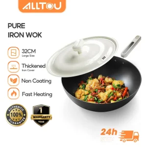ALLTOU 32CM Non-stick Pan Pure Iron Wok Non Coating kuali Cookware Frying Pan Deep Fry Pan for All Stoves Kitchenware Steel
