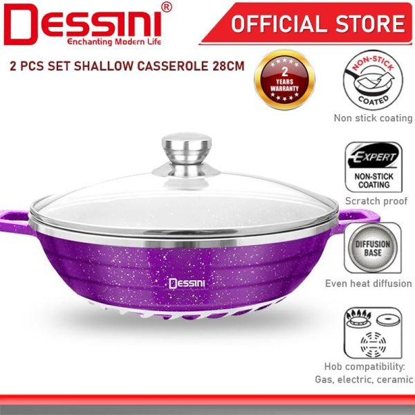 DESSINI ITALY Granite Die Cast Aluminium Non Stick Casserole Pot Bowl Deep Fry Pan Cookware Tool (28cm)