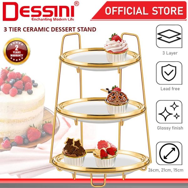 DESSINI ITALY 3 Tier Ceramic Dessert Stand Tower Cake Display Rack Snack Platter Fruit Bowl Party Serving Tray Plate