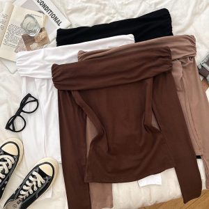 Beryl 【tshirt perempuan】 【READY STOCK AT JOHOR】American hot girl sexy t-shirt one shoulder long-sleeved off-shoulder t-shirt Skinny fit