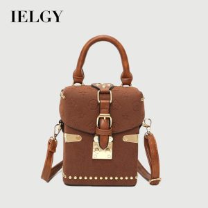 Beg Tangan Mini Rivet, Gaya Korea, dengan Gancu Tali Pinggang Cetakan, Beg Bahu, Beg Utusan Liar, IELGY Coklat Wanita