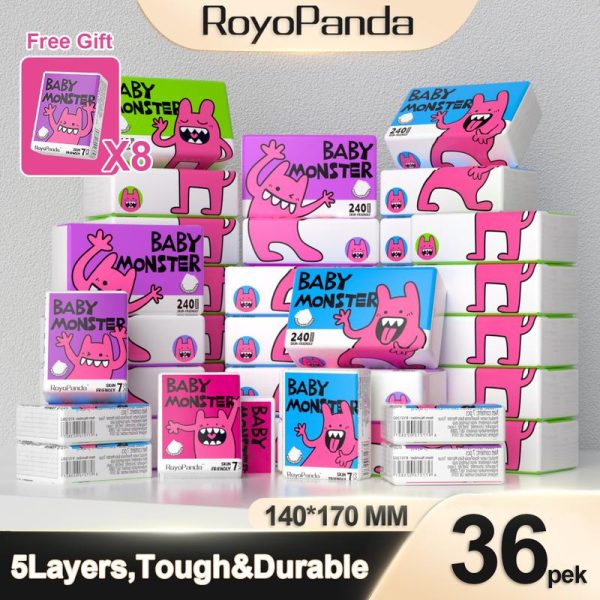 【BUY 18 GET 4 Free】ROYOPANDA Deluxe Soft Facial Tissues, Baby Monster Series, Diamond Embossed Craft, Skin-friendly Soft, 5 Ply, 22 Packs , 140*170mm Bayi Tisu viral Wipes