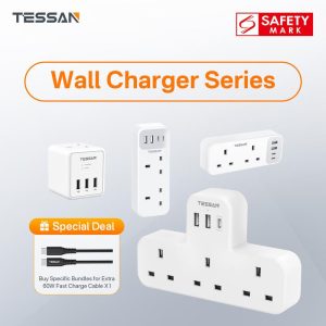 【Tessan Special】[BUY MORE SAVE MORE] Penyesuai Palam Sambungan TESSAN, Khas Tessan, dengan USB (Jenis C), Penyesuai Pengecas Dinding Soket Berbilang Palam, dengan 3 port USB, Sesuai untuk Dapur, Ruang Tamu, Pejabat, dan lain-lain