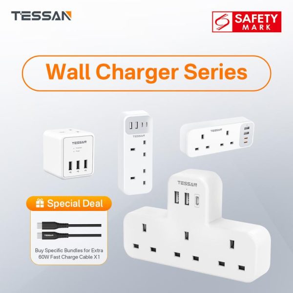 【Tessan Special】[BUY MORE SAVE MORE] Penyesuai Palam Sambungan TESSAN, Khas Tessan, dengan USB (Jenis C), Penyesuai Pengecas Dinding Soket Berbilang Palam, dengan 3 port USB, Sesuai untuk Dapur, Ruang Tamu, Pejabat, dan lain-lain