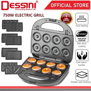 DESSINI ITALY Double Sided Electric Pizza Panini Waffle Donut Doughnut Sandwich Maker Toaster BBQ Grill Baking Pan
