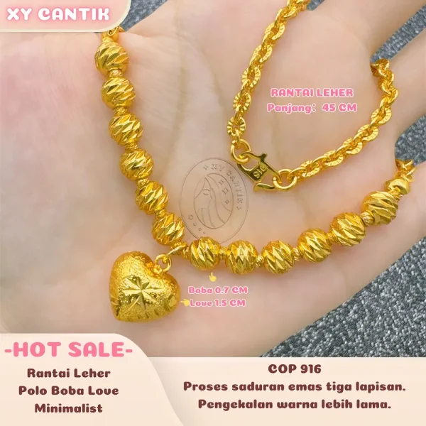 Rantai Leher Polo Boba Love Minimalist COP916 - Panjang 45CM - Lebar 0.4CM Boba 0.7CM Love 1.5CM - Barang kemas bersalut emas tulen - Tahan lasak - Hypoallergenic - Titanium - XYCANTIK