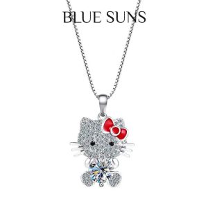 [925 Silver+0.5ct Moissanite]Kalung Peluh Musim Panas dan Barang Kemas Loket Kucing Comel KT Kalis Karat dengan Kotak Hadiah Indah Kalung Halus Hipoalergenik Hadiah Wanita (Ulang Tahun/Hari Valentine/Hari Lahir)