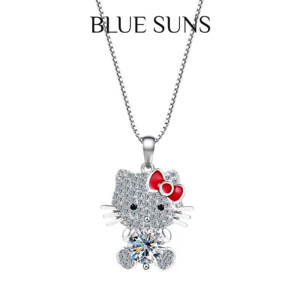 [925 Silver+0.5ct Moissanite]Kalung Peluh Musim Panas dan Barang Kemas Loket Kucing Comel KT Kalis Karat dengan Kotak Hadiah Indah Kalung Halus Hipoalergenik Hadiah Wanita (Ulang Tahun/Hari Valentine/Hari Lahir)
