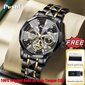 Jam Tangan Fesyen Perniagaan Lelaki, POSHI, Reka Bentuk Berongga Asal, Kalis Air, Pergerakan Kuarza, Cermin Ketupat, Tali Aloi, Jam Tangan Tarikh Automatik, Jam Tangan Watches