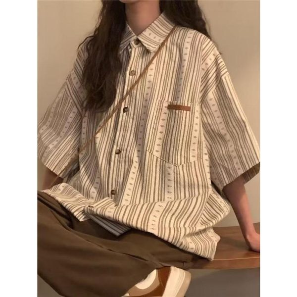 Baju Kemeja gaya Jepun berjalur retro, kasual, Warna pepejal, longgar, trend pasangan, serba guna, kot Blouses Shirts Tops Dusty Pink